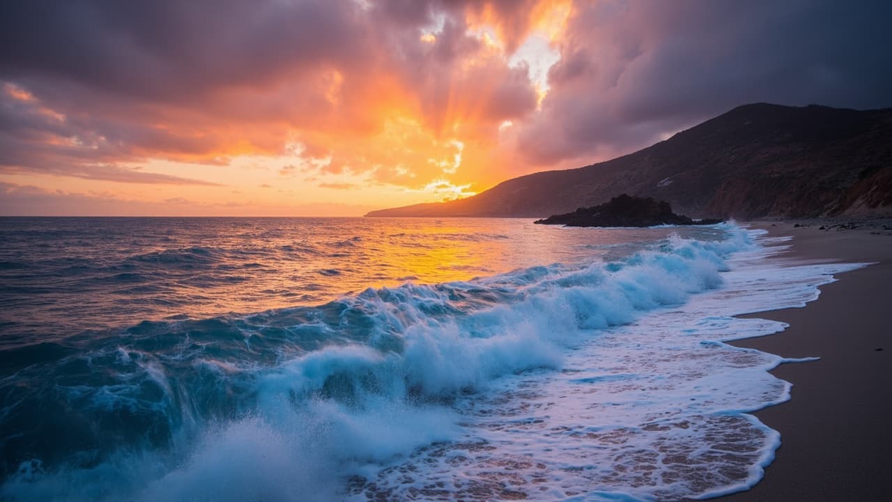 Pacific Ocean waves crashing on Central Coast shoreline at sunset