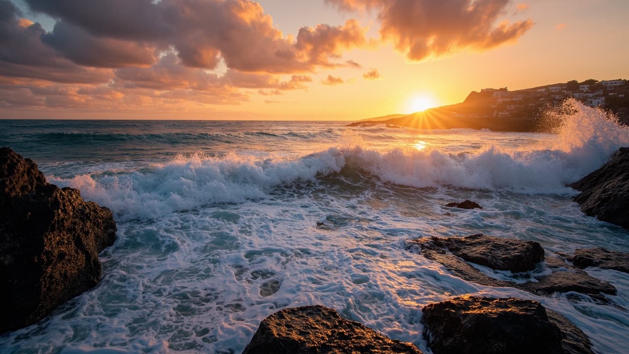Pacific ocean waves crashing against rocky central california coastline at sunset.