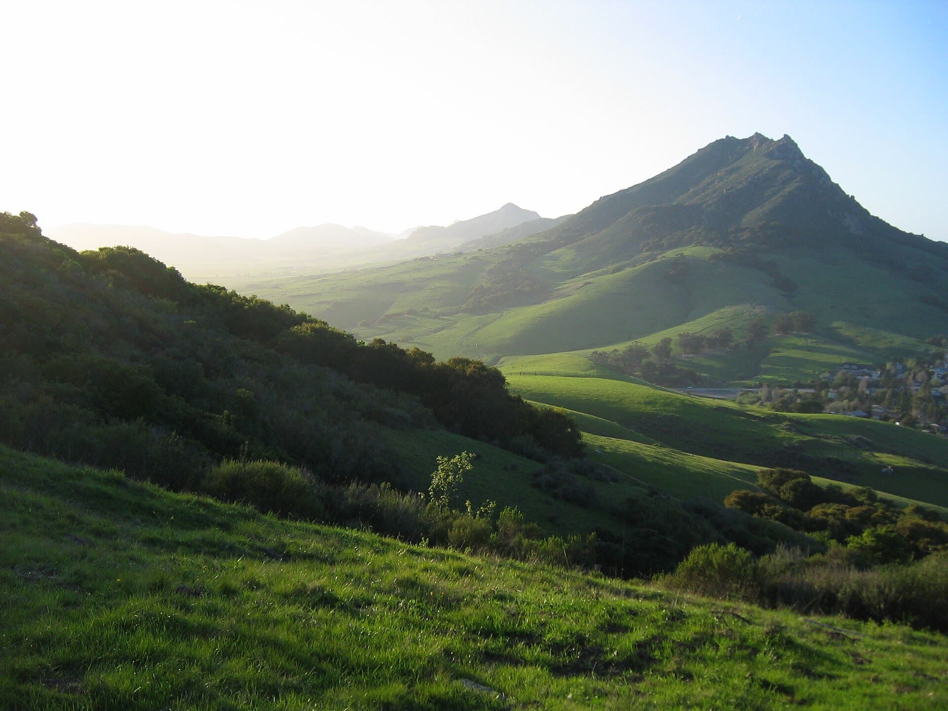 The craggy summit of Bishop Peak above green spring hills in San Luis Obispo, lit by low evening sun